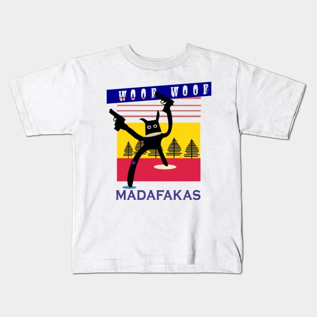 Vintage retro Black Cat style Pew pew madafakas Kids T-Shirt by jaml-12